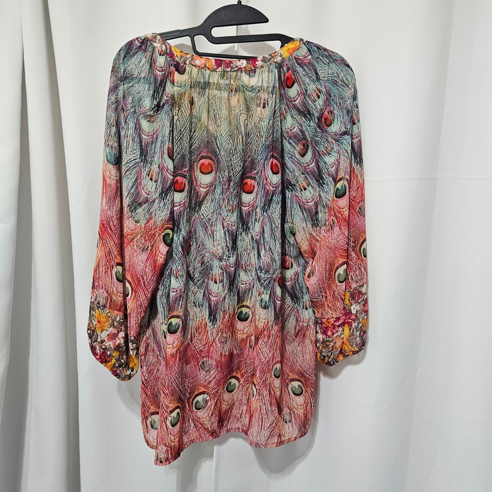 Olive Hill Womens Peacock Feather Floral Print Blouse Large hippie artsy boho - Picture 3 of 10